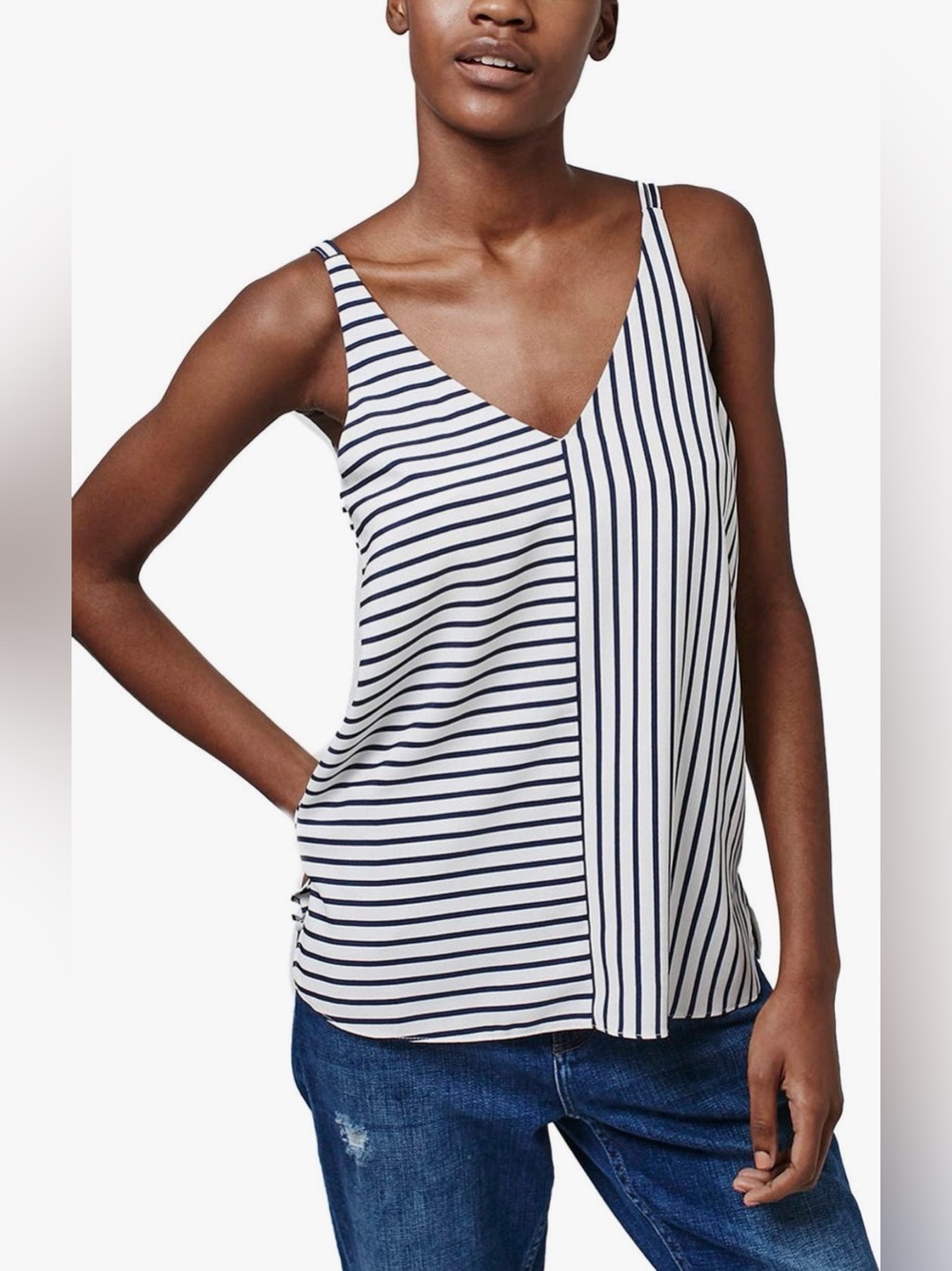 Topshop Navy & White Striped V-Neck Tank